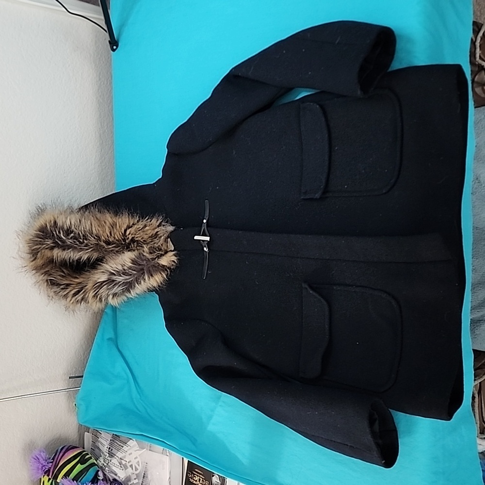 Zara Kids Wool Faux Fur Trim Hooded Coat Jacket Size 11/12